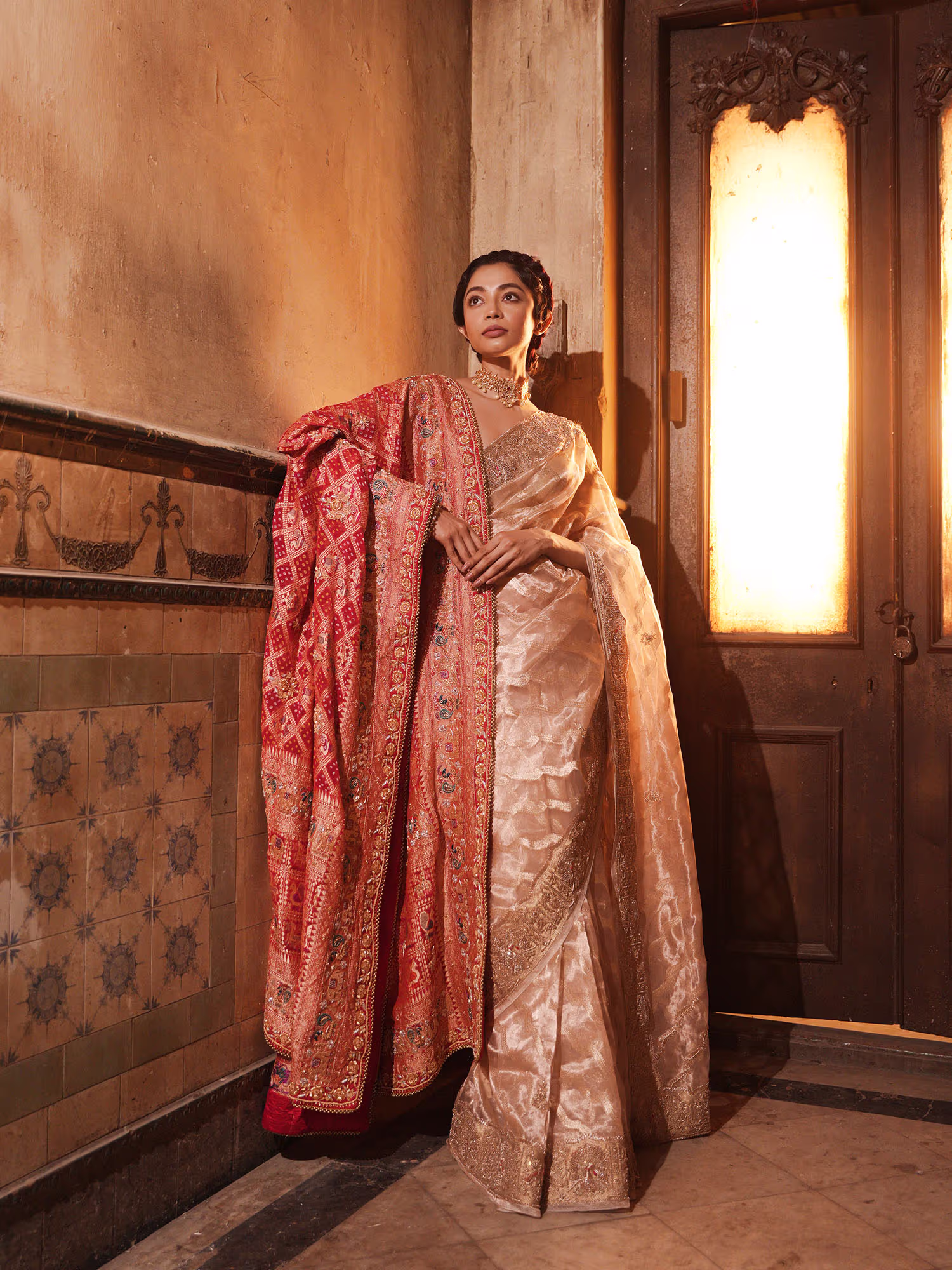 Beige Banarsi Saree with Unstitched